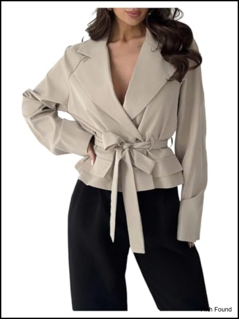 Cropped Trench Coat Women Long Sleeve Belted Lapel Lightweight Fall Office